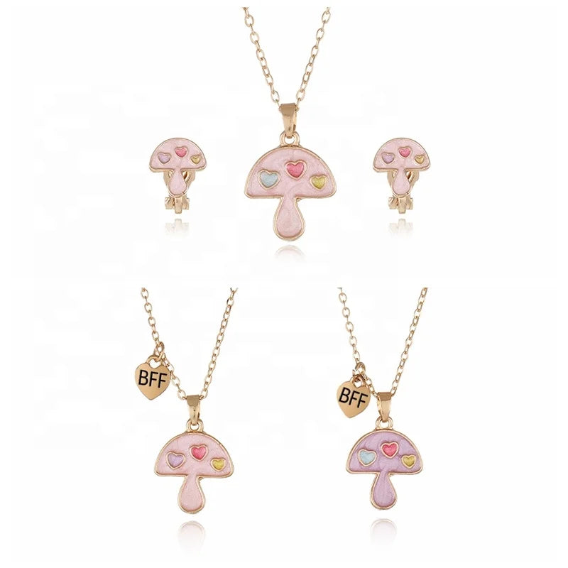 Girls Chokers Jewelry for Kids Gift Cute Creative Candy Color Enamel Mushroom Necklace Earring Jewelry Set