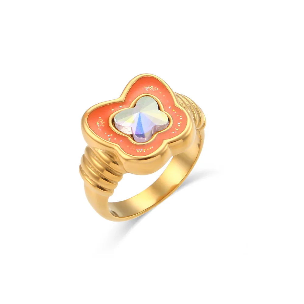 Sweet Cute Stainless Steel Enamel Butterfly Finger Ring Bling Oil Dripping Flower Ring for Girls