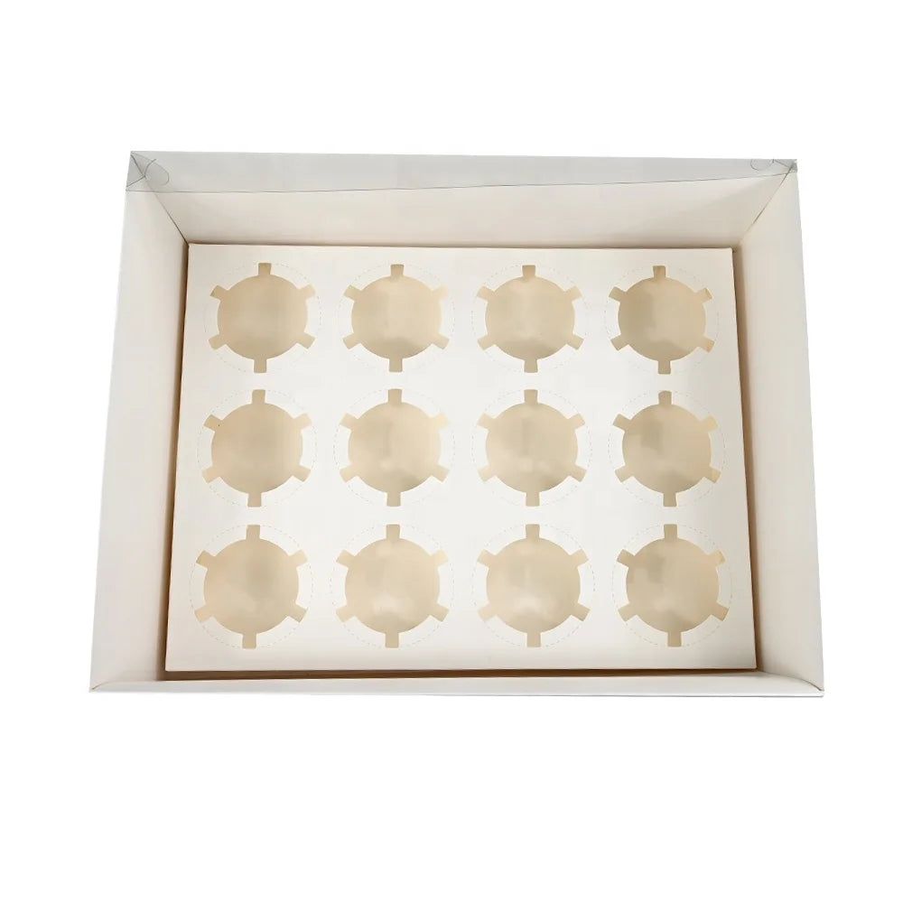XJH 12 Cavities Cupcake Box Fancy 12 Holes Clear Lid Cupcake Boxes and Packaging White Card Paper Dessert Box for Party Wedding