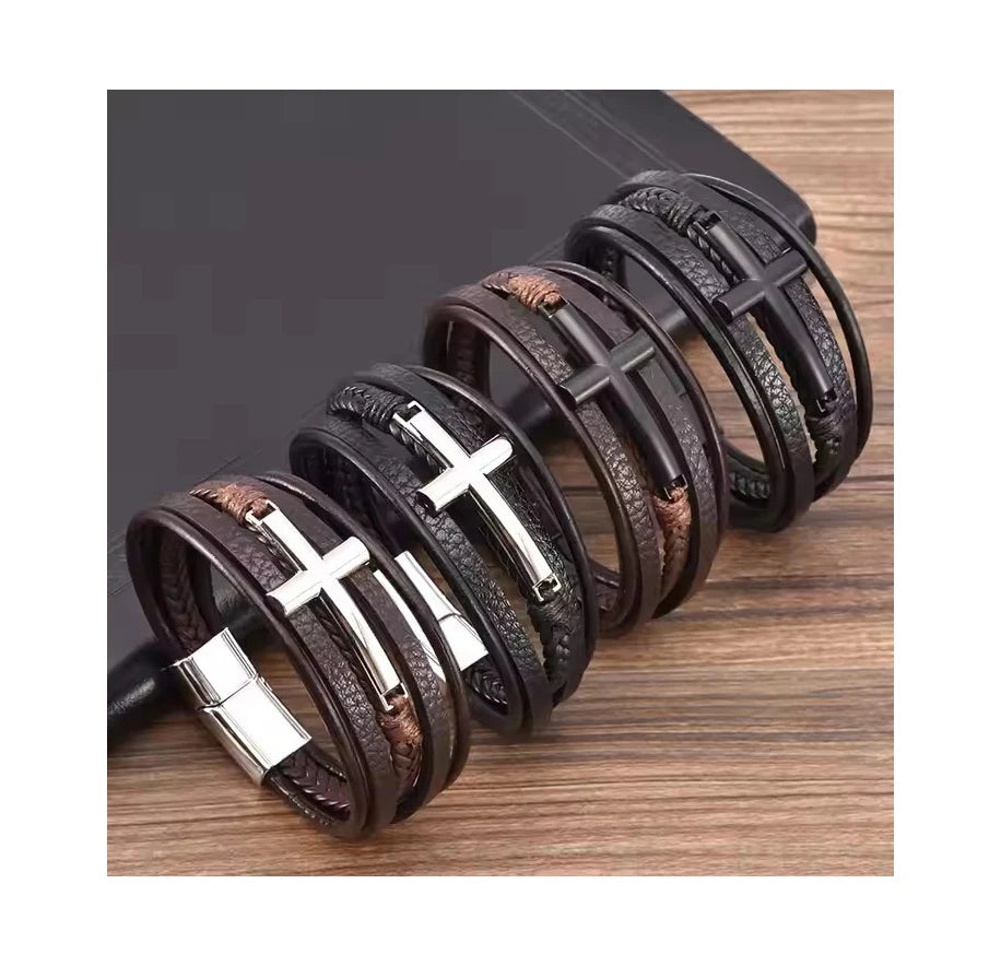 Wholesale Multilayer Braided Leather Bracelet With Magnetic Clasp Charm Cross Leather Bracelet Bangle for Men Jewelry
