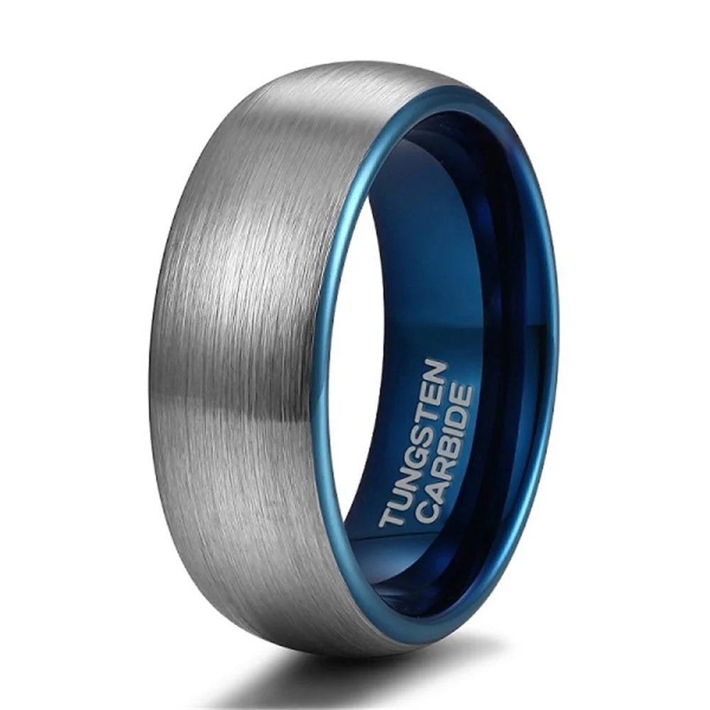 OAHLAN 8mm Tungsten Carbide Ring Men Silver Color Brushed Blue Inside Dome Tungsten Steel Ring for Wedding Fashion Jewelry