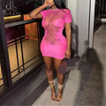 High Stretch Sheer  Flame Patchwork Mini Dress Women O Neck Short Sleeve Slim Bodycon Party Sexy Dresses