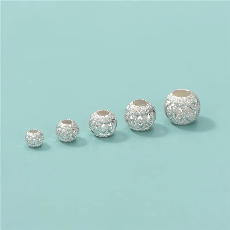 4mm -8mm Shiny S925 Sterling Silver Round Spacer Beads Matte Big Hole Corrugated Beads with Lucky Jewelry Making Fit