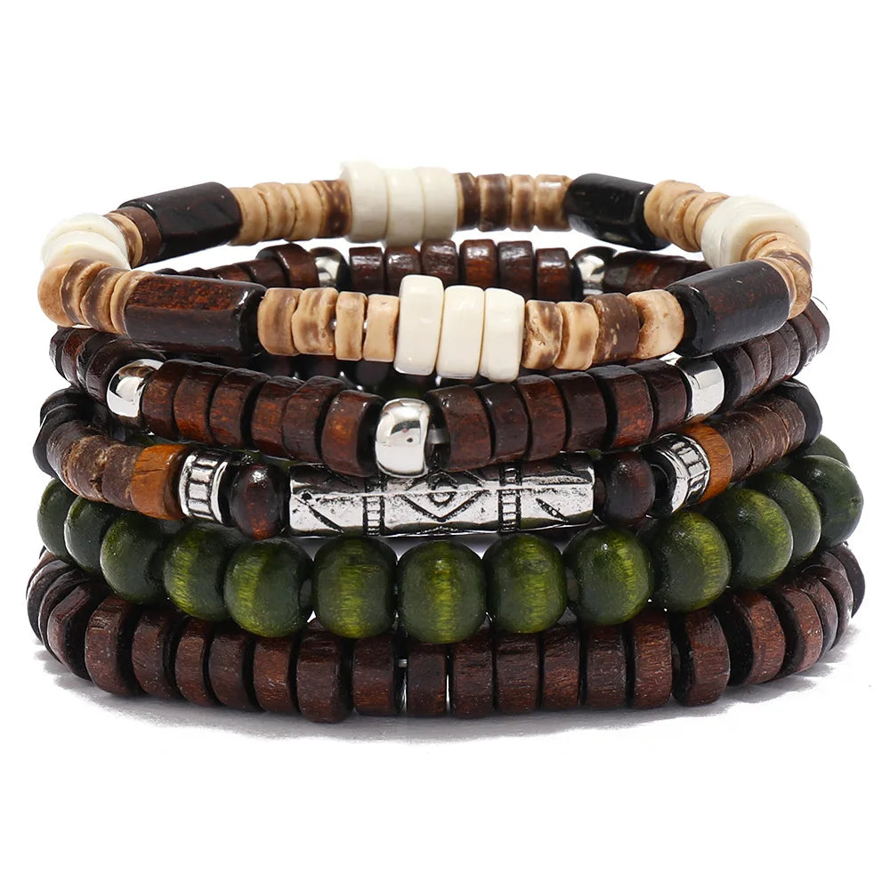 Fenyi Wholesale Jewelry 5 Pieces Bohemian Multi-layer Elastic Wooden Beads Retro Simple Beaded Bracelet Men and Women Couples