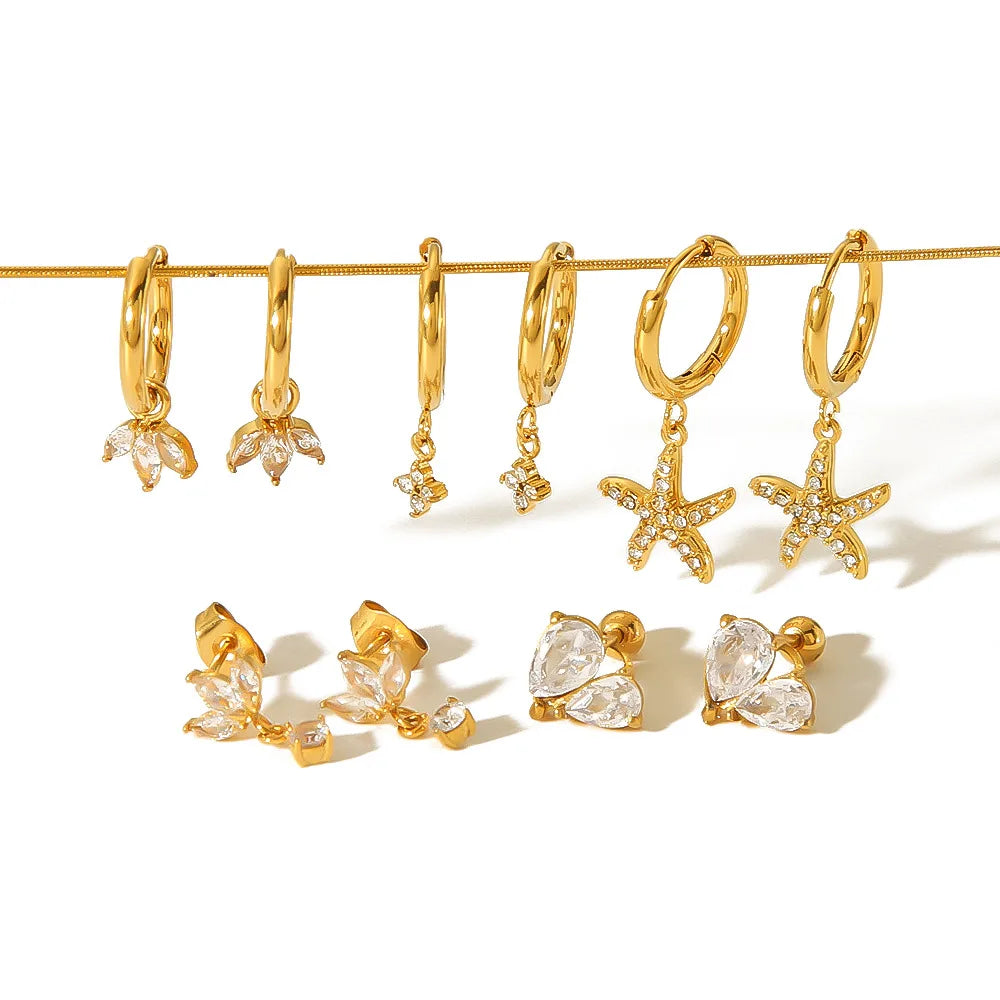 Light Luxury Exquisite Zircon Pendant Earrings 18K Gold Stainless Steel Starfish Clover Drop Earrings Wholesale for Women