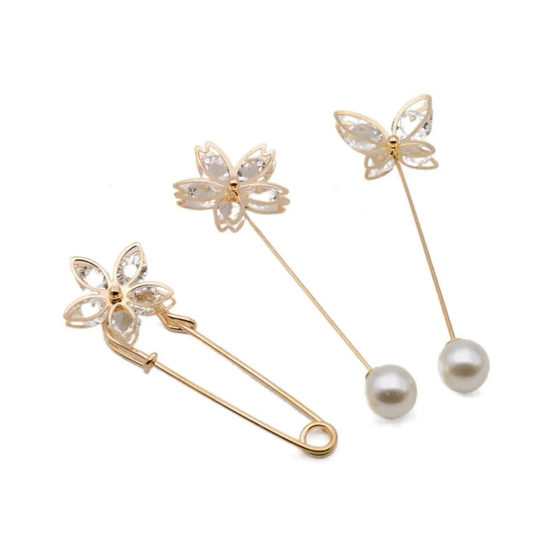 JC Crystal Hot Selling High Quality Pearl Brooch With Zircon Five Petal Flower Butterfly Gold Safety Pins