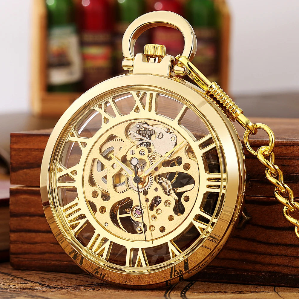 Antique Transparent Roman Skeleton Steampunk Pocket Clock Vintage Fob Mechanical Watches With Chain for Men