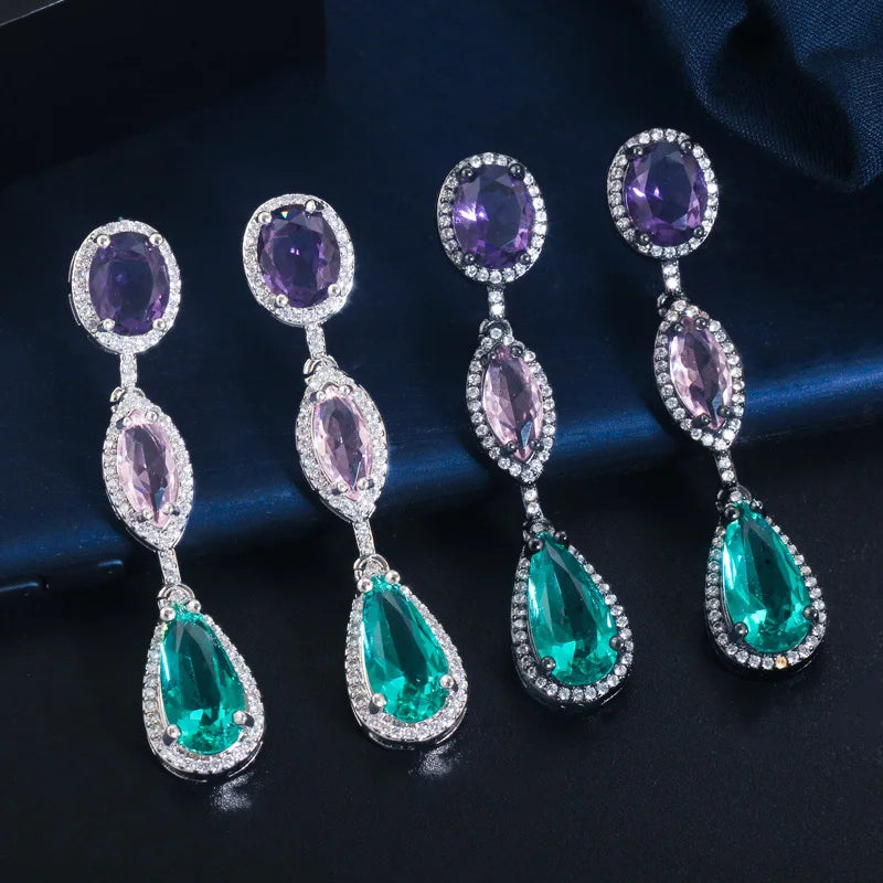 Elegant Micro Pave Cubic Zirconia 3 Color Water Drop Green Dangling Long Earring for Women Engagement Party Jewelry