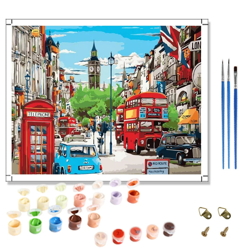 Custom Diy Painting by Numbers for Adults London City Street Paint by Numbers Hanging Art Crafts 24 Colors Decor for Adults