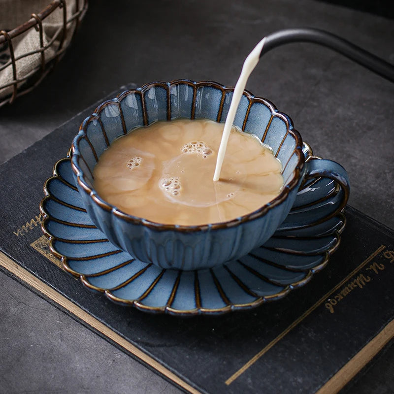 European  Light Luxury Ceramic Coffee Cup and Saucer Set Afternoon Tea Cup Set with Saucer Porcelain  Blue Coffee Cup Set
