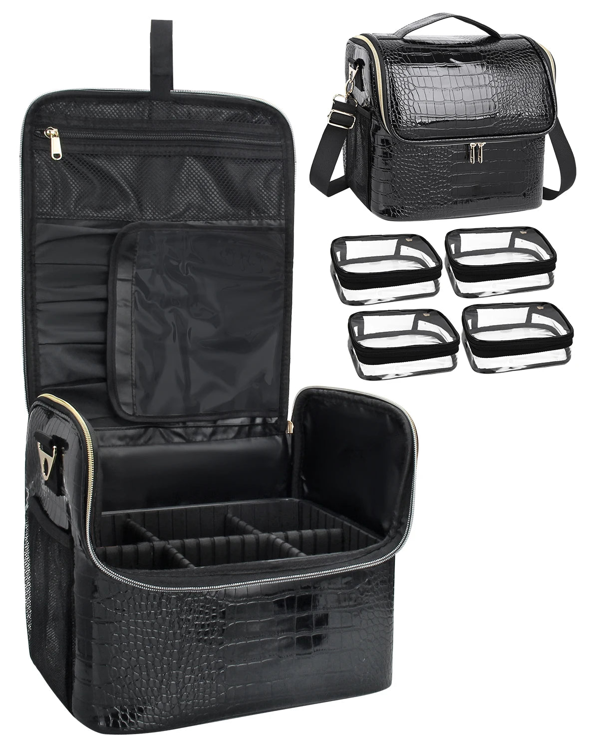 Comes With 4 Independent Small Bags Large Capacity Adjustable Partition Makeup Box Crocodile Pattern Makeup Brush Storage Box