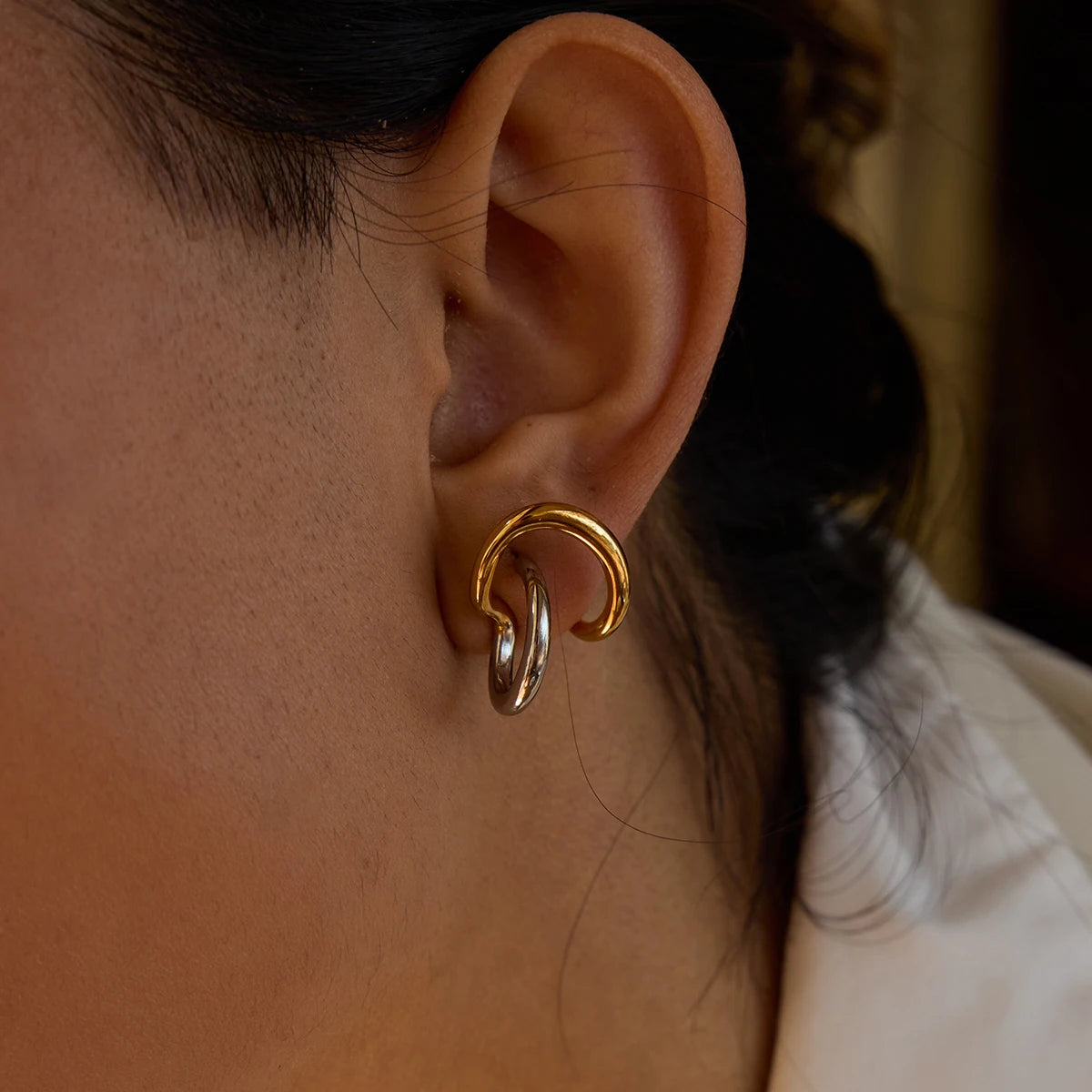J&D Chunky Stainless Steel Stud Earrings Two Tones Real Gold Plated Liner Irregular Fashion Jewelry