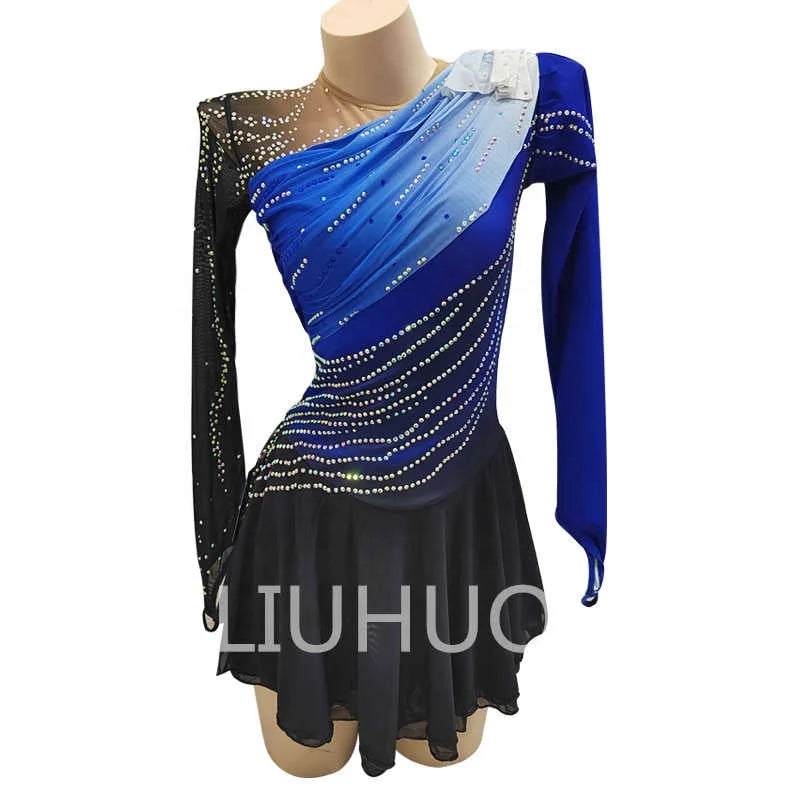 For LIUHUO Gradient Blue and Pink Long Sleeve Figure Skating Skirt Elegant Performance Wear for Girls' Competition for Children
