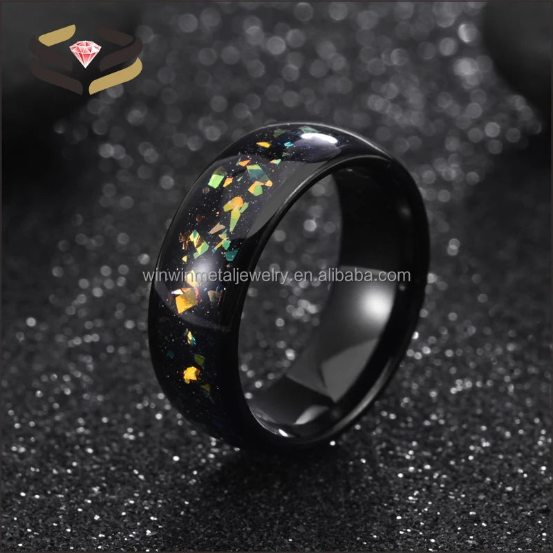 8mm Black Tungsten Carbide Wedding Band with Colorful Opal Inlay Gold Plated Trendy Mens Engagement Gift Ring