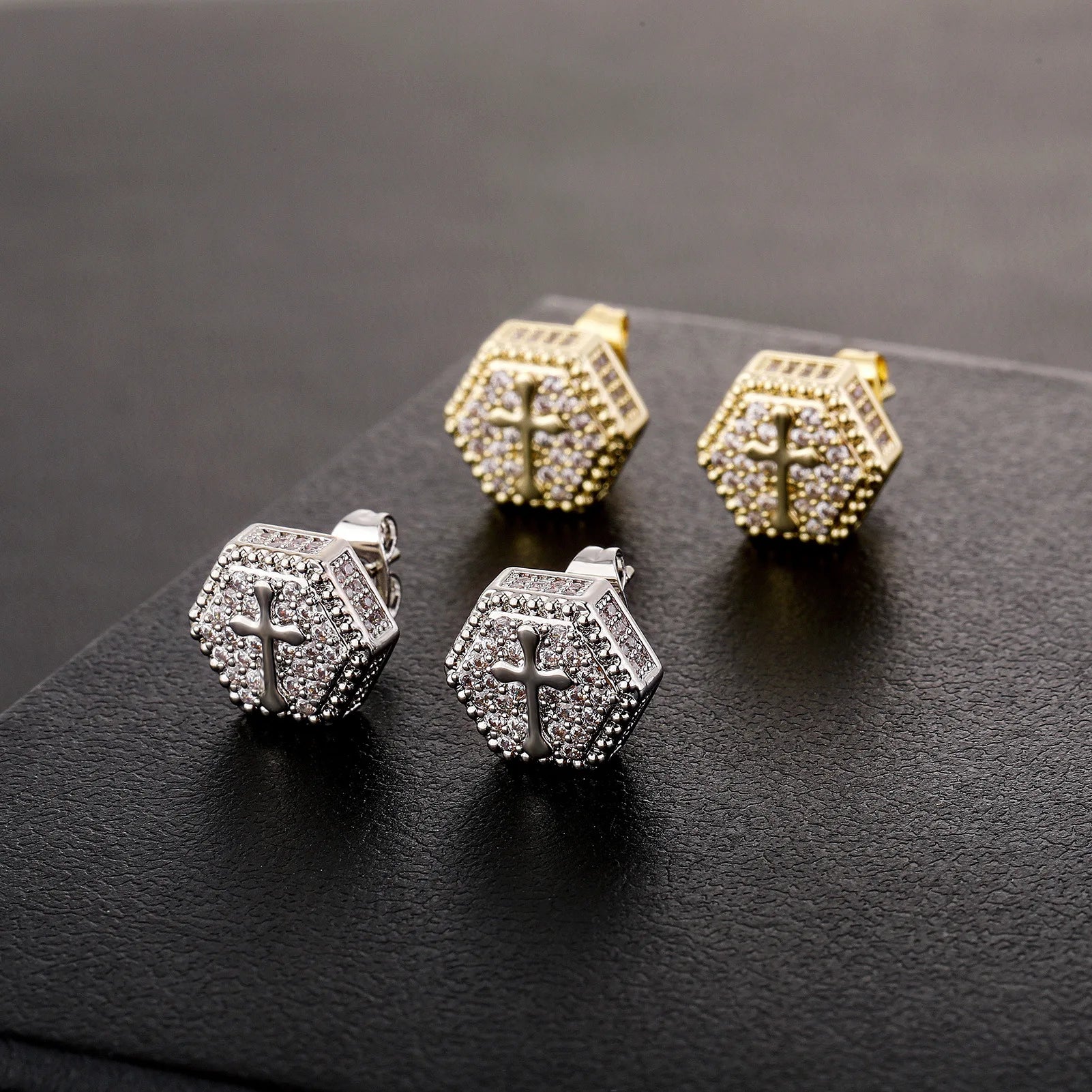 Hip Hop Personalized Accessories Popular Cross Zircon Earrings for Men Hexagonal Full Zirconia Earrings