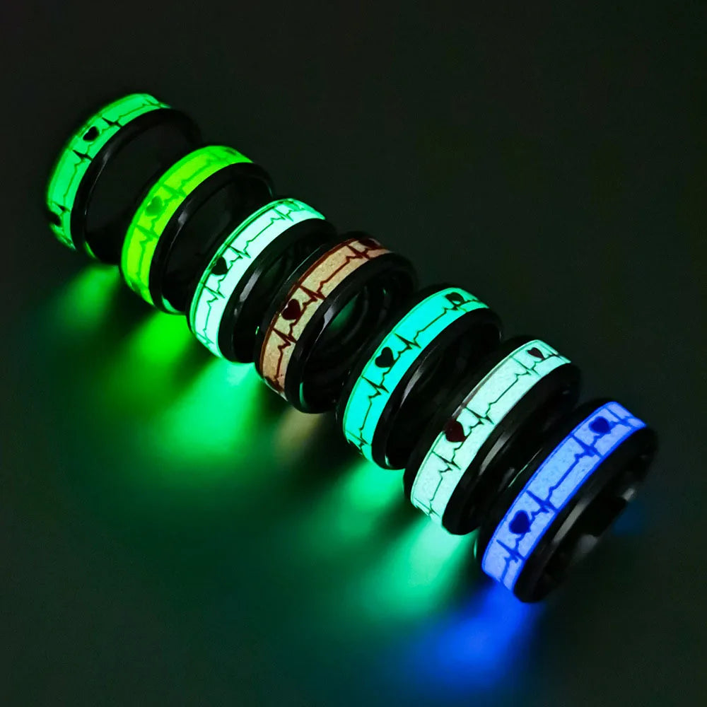 Fashion Trendy Stainless Steel Night Glow in the Dark Ring Heart Beating Engraving Rich Colors 8mm Wide