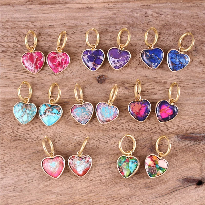 Boho Small Heart Colorful Natural Stone Gold Dangle Hoop Earrings Women Gift Jewelry Wholesale Dropshipping