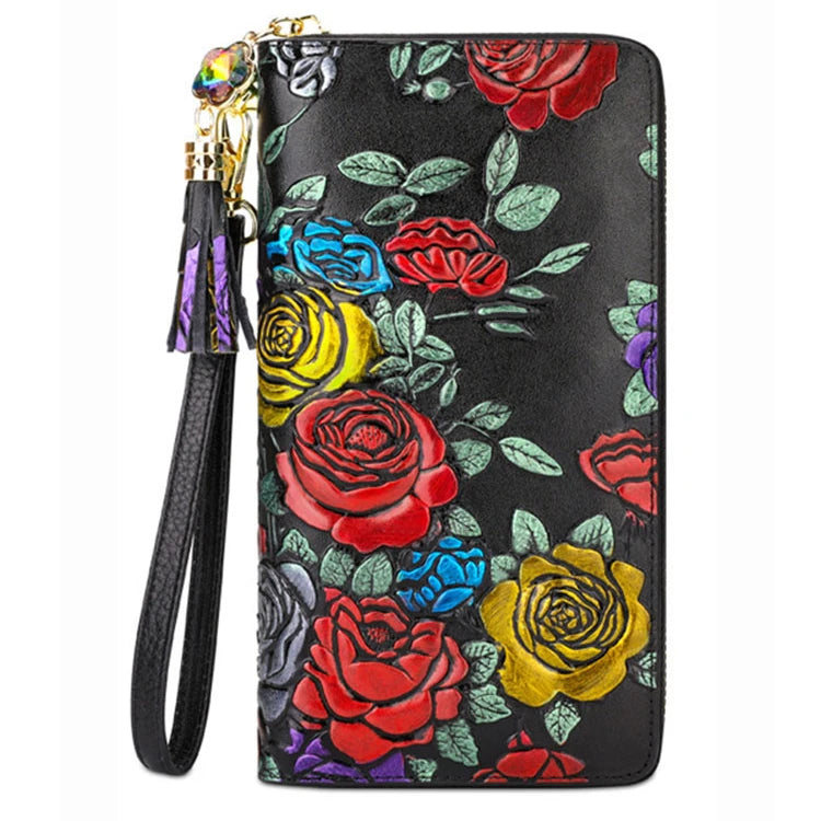 Leather Long Zipper Ladies Tassel Retro Ethnic Style Three-Dimensional Printing Anti-Theft Brush Wallet Purse
