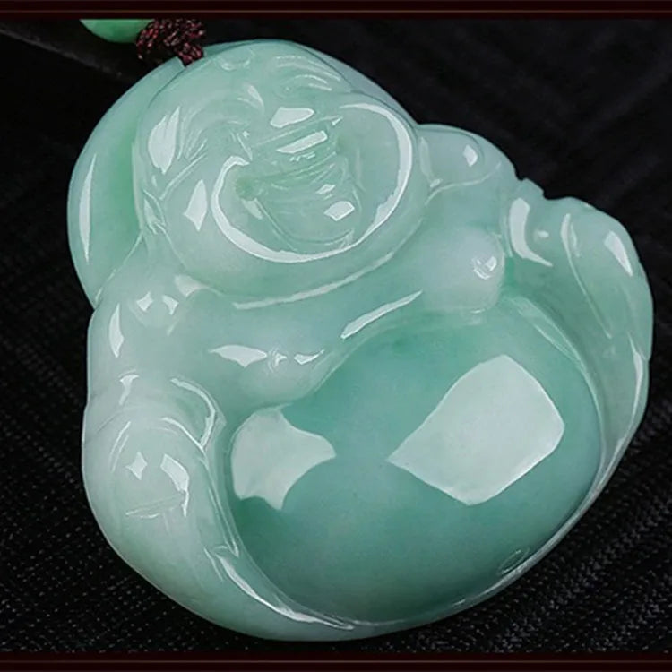 Buddha Pendant Jewelry Natural Burmese Jadeite a Grade Ice Glutinous Bean Green Laughing Buddha Pendant for Women