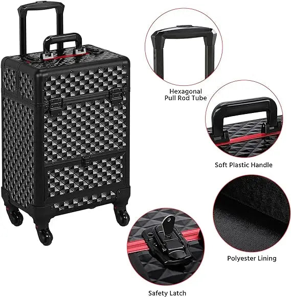 Professional Rolling Makeup Organizer Open-Closure Fashion Style Travel Trolley Case with Large Storage Capacity