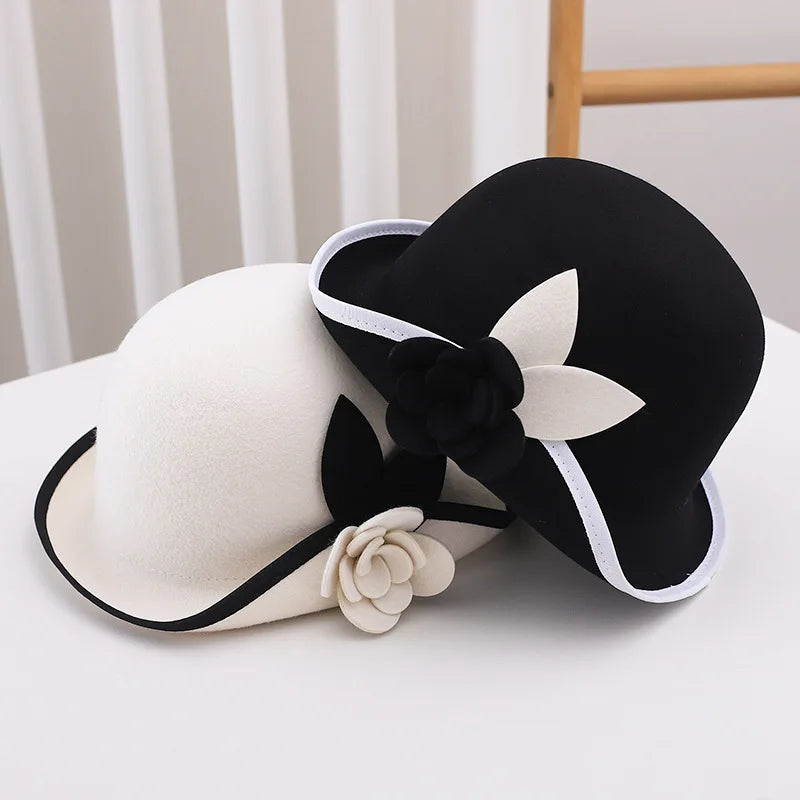 Fashion Trendy Black White Two Tone Australia Wool Felt Church Hat Women Lady Derby Hat with Flowers