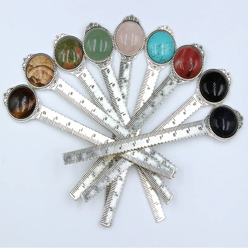 Natural Crystal Semi-gemstone Ruler Bookmark Alloy Inlaid Gemstone Bookmark Stationery Diy Time Gemstone Bookmark