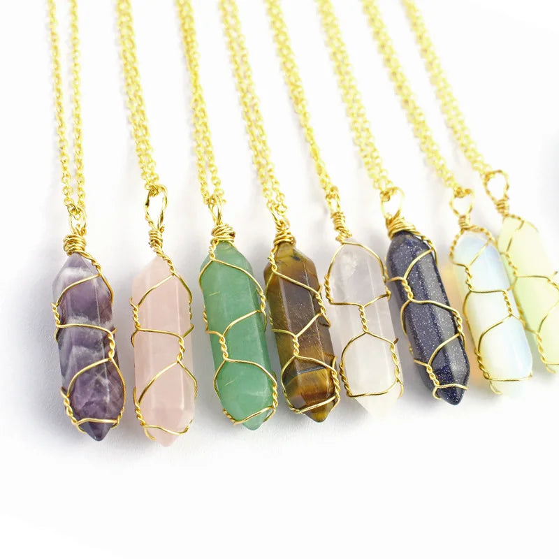 Natural Crystal Tiger Eye Agate Jade Howlite Turquoise Pink Quartz Blue Lapis Stone Bullet Pendant Necklace Gold Plated Jewelry