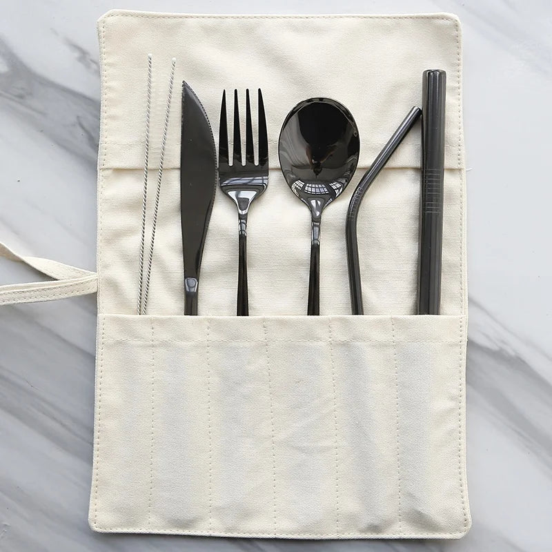 18/8 Food Grade Stainless Steel Mirror Polish Black Portable Cutlery Set Eco-Friendly Canvas Bag Travel Camping Giveaways