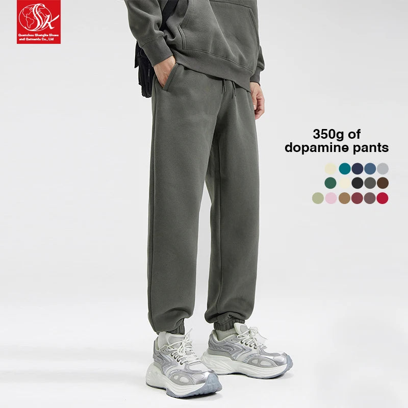 SK Unisex 350G Fleece Joggers Higher Version Cotton Tracksuit Sweatpants Mid Waist Flat Loose Sport Stretch Pants Elastic Waist
