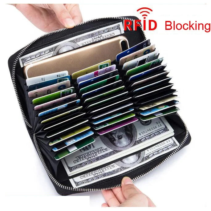 Bogia OEM Logo Genuine Leather Credit Card Holder with Zipper RFID Blocking Accordion Card Storage Wallet for Men Women