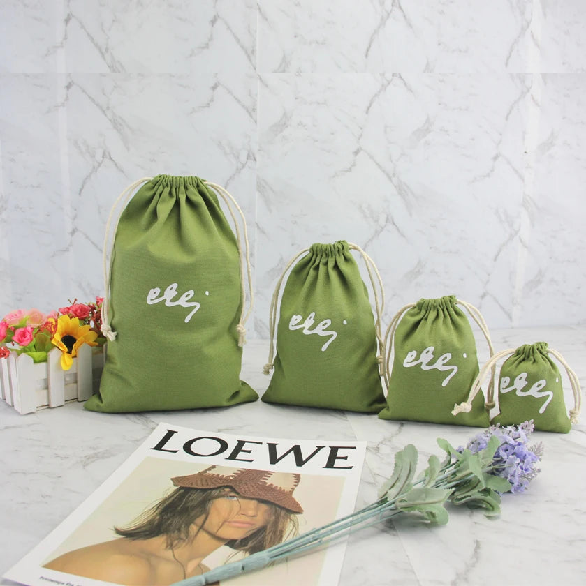 Natural Recycled Soft Canvas Drawstring Bag White Cotton Pouch Custom Logo Ribbon Dust Bag for Gift Garment Storage Packaging