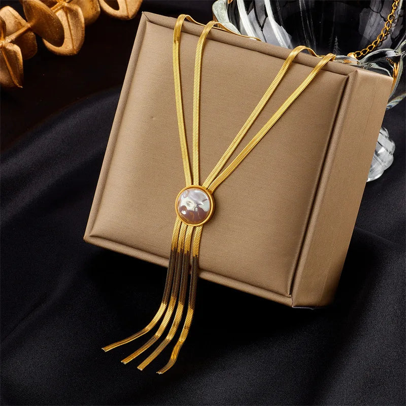 New Double Layer Non Tarnish 18k Pvd Gold Stainless Steel Round Pearl Long Tassel Necklace Women Jewelry