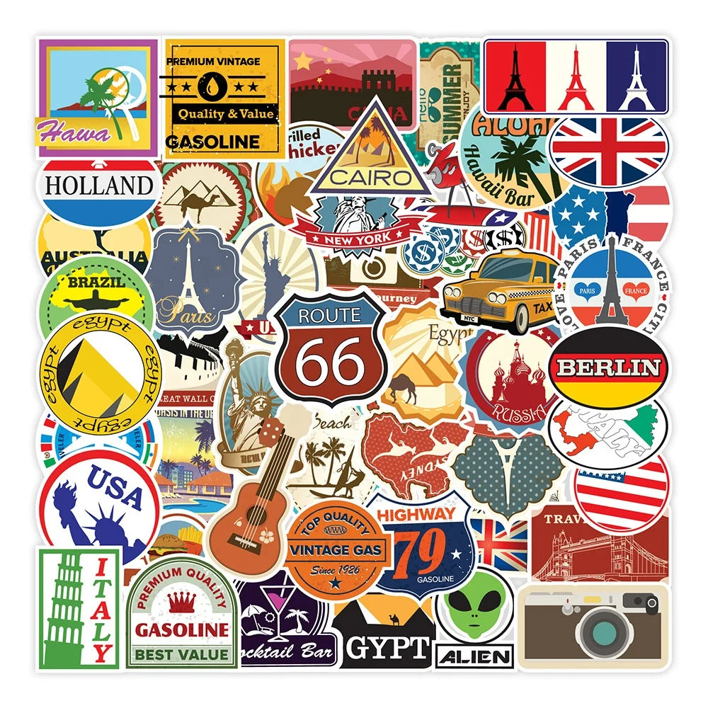 100Pcs Retro Country Nation Travel Map Graffiti Sticker for Girl Notebook Scrapbook Diy Decorative Art Label Stickers