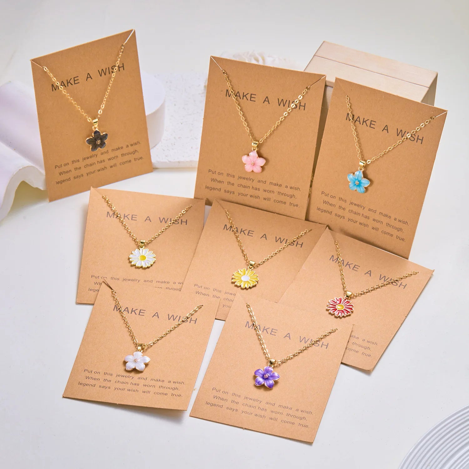 Cute Fresh Cherry Blossom Wish Card Necklace Gold Plated Alloy Collar Chain for Women Ins Style for Girlfriend Women Statement