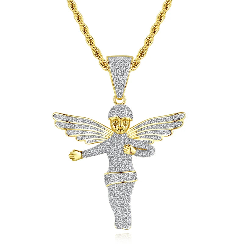 JINSE Angel Men Hip Hop Rope Chain Necklace Bling Bling CZ Pendant Necklaces Jewelry