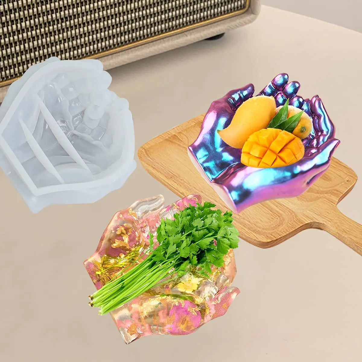 3D Hand Shape Storage Box Moulds Large 2-Hands Model Ashtray Epoxy Casting Resin Mold Silicone Jewelry Making Holder Organizer