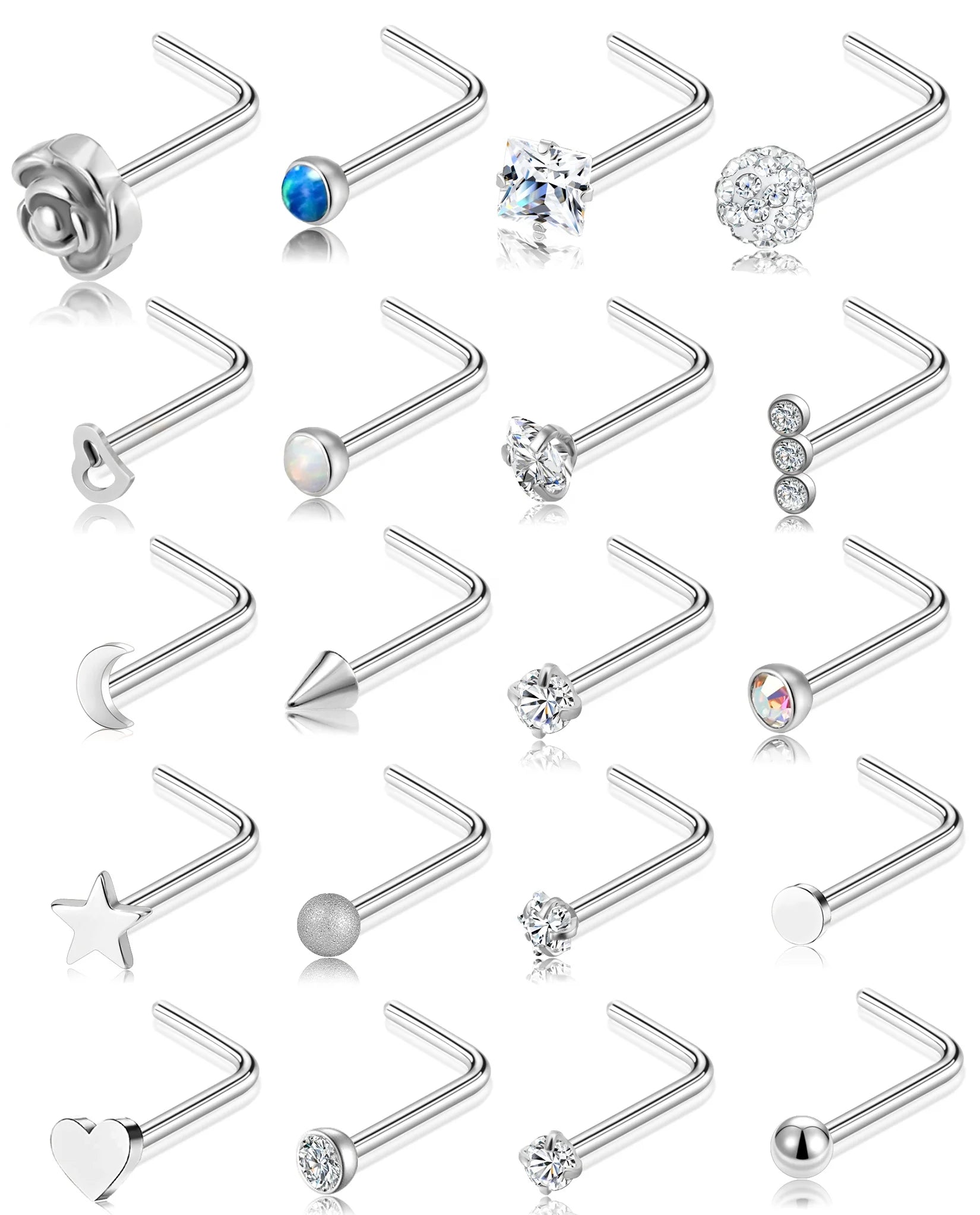 20G Nose Rings Studs 316 L Stainless Steel Nose Studs CZ Heart Hypoallergenic Nostril Nose Piercing Jewelry for Women Men