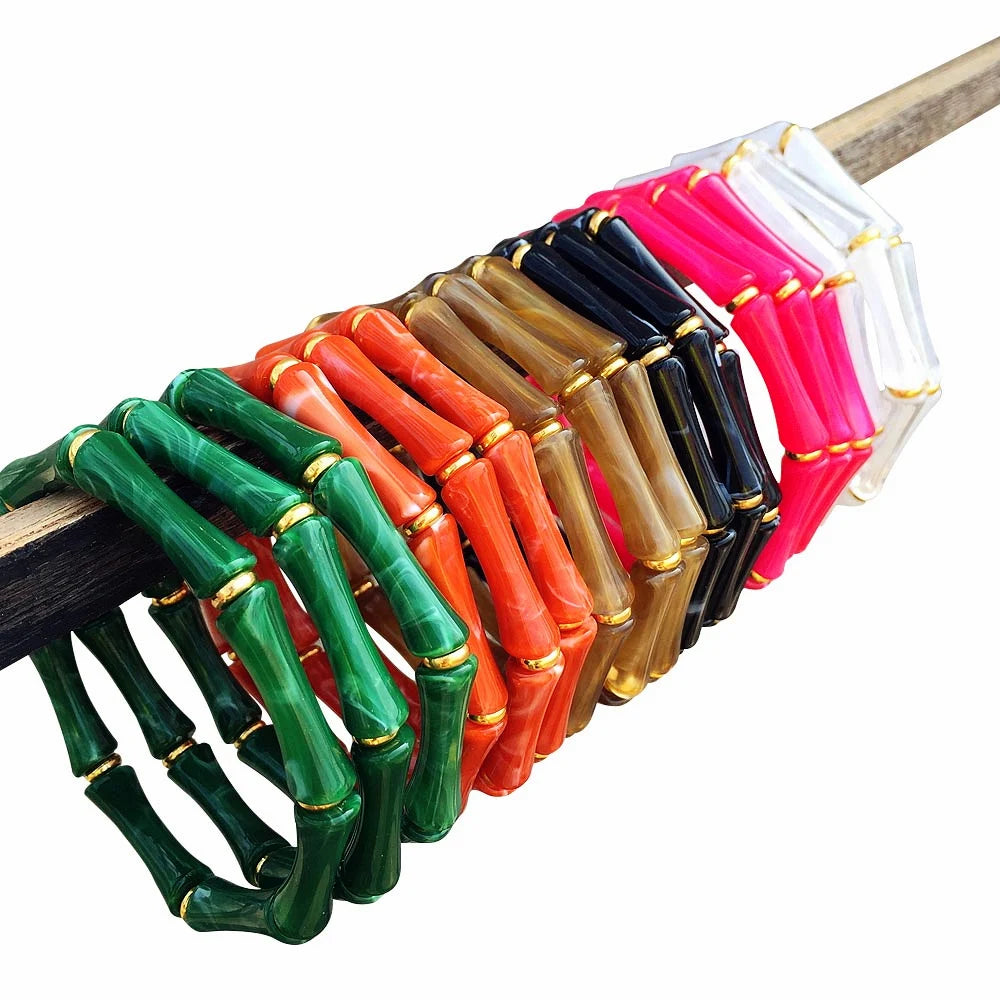 Fashion Summer Simple Marble Resin Bracelet Colorful Student Folded Wear Slub Elastic Acrylic Bracelets Set for Women Girls