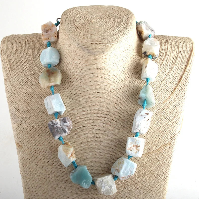 Boho Women Exaggerate Jewelry Collar Statement Necklace Big Chunky Natural Irregular Raw Rough Gemstone Knotted Choker Necklace