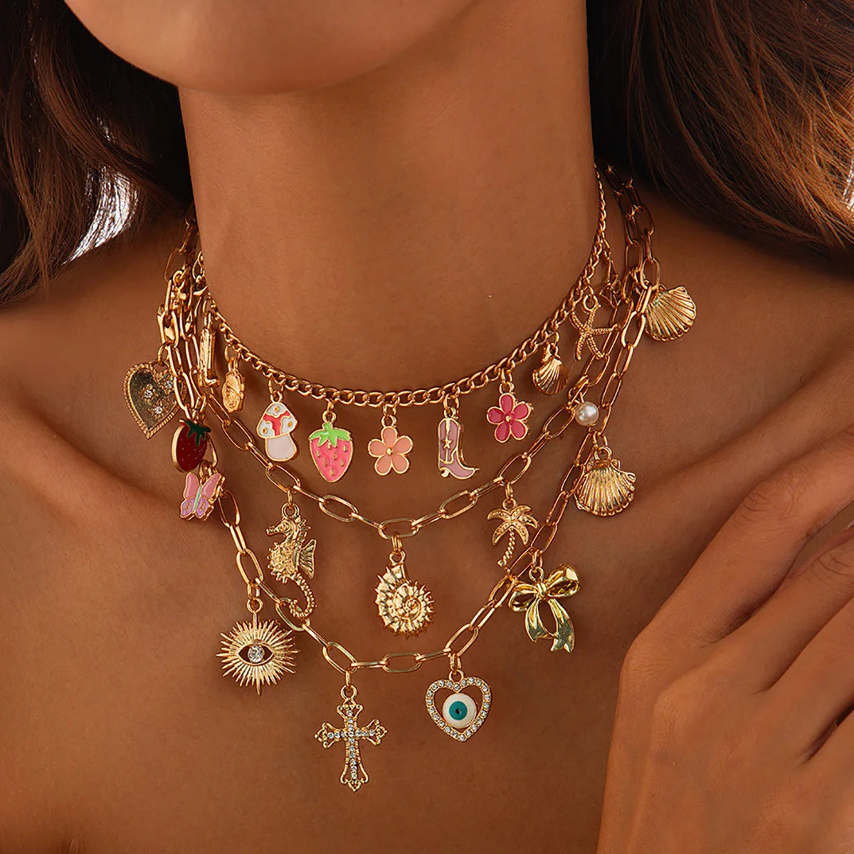 Fashion Boho Resort Style Evil Eye Pearl Tassel Necklace Beach Starfish Shell Pendant Necklace for Women