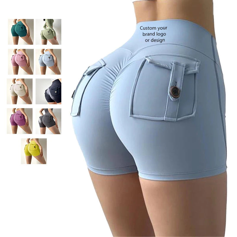 Women's High Waist Elastic Cycling Shorts Breathable Summer Sport Legging Pants With Sexy Tight Cargo Design Fabric Back Pockets