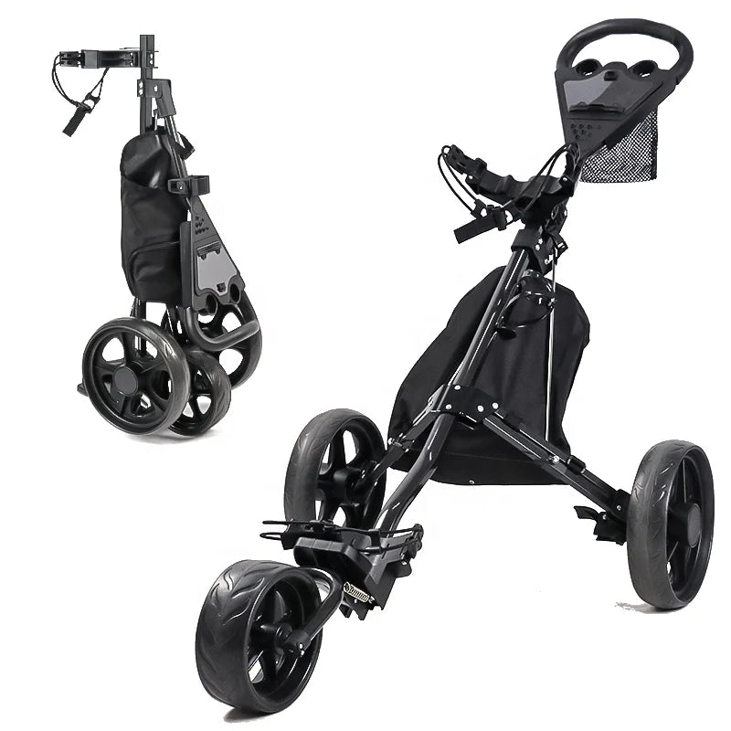 HOW TRUE Wholesale Portable Aluminum Folding 3-Wheel Golf Hand Pull Trolley Foldable Golf Push Cart With Foot Brake