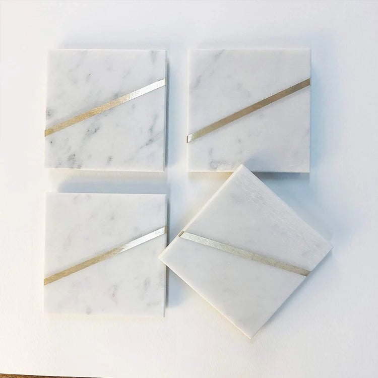 Natural Square Marble Stone Drink Coasters with Non-Slip for Home Kitchen Bar Decoration