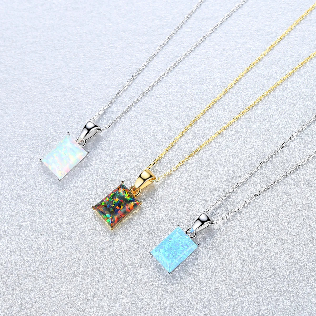 Daidan 925 Silver Necklace Chain Blue Stone Rectangle Colorful Opal Simple Necklace for Women