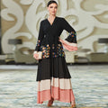 Moroccan Caftan Women Chic Sequins Patchwork Full Sleeve V-Neck Belted Clothing Abayah for Female Dubai Open Abaya
