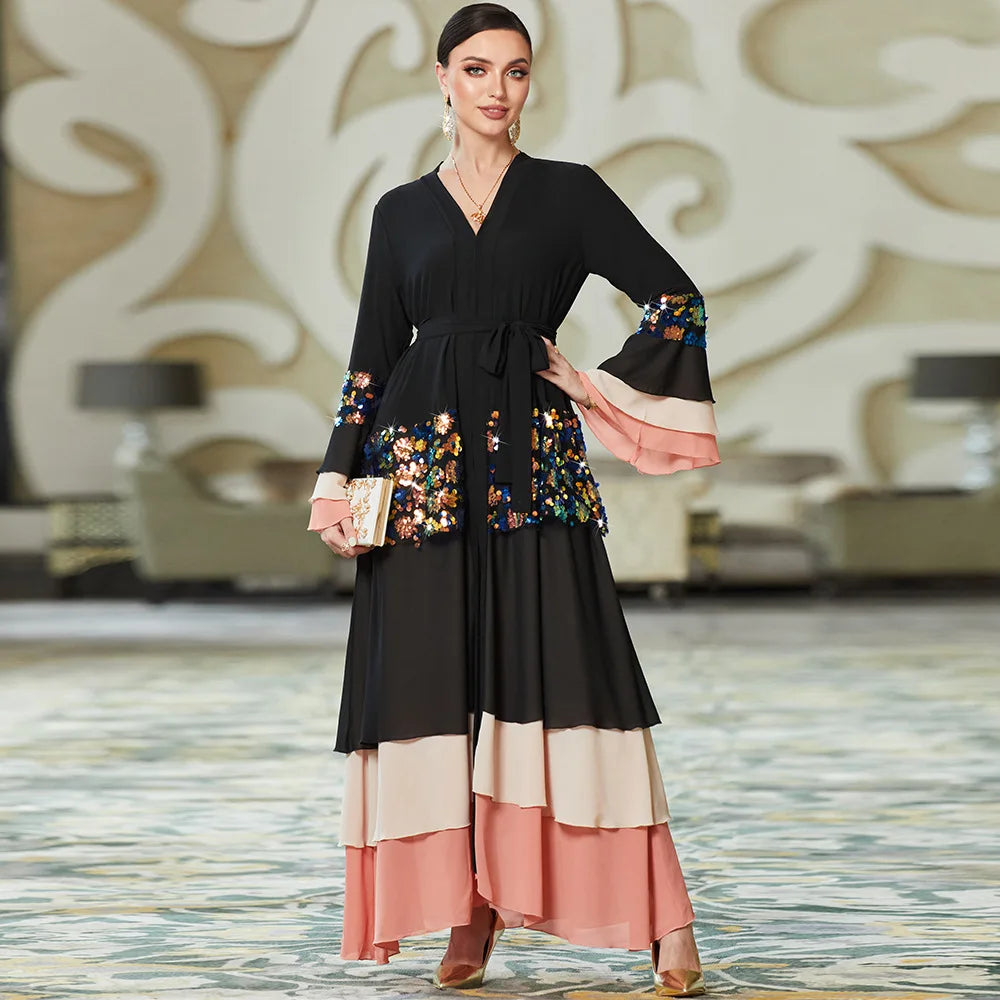 Moroccan Caftan Women Chic Sequins Patchwork Full Sleeve V-Neck Belted Clothing Abayah for Female Dubai Open Abaya