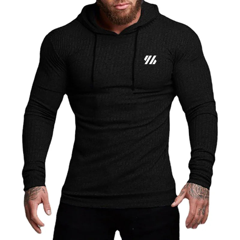 Wholesale Running Sport Hooded T-shirt Men's Fit Knitted Stripes Quick Dry Autumn Clothing Gym Fitness Workout Muscle Shirt