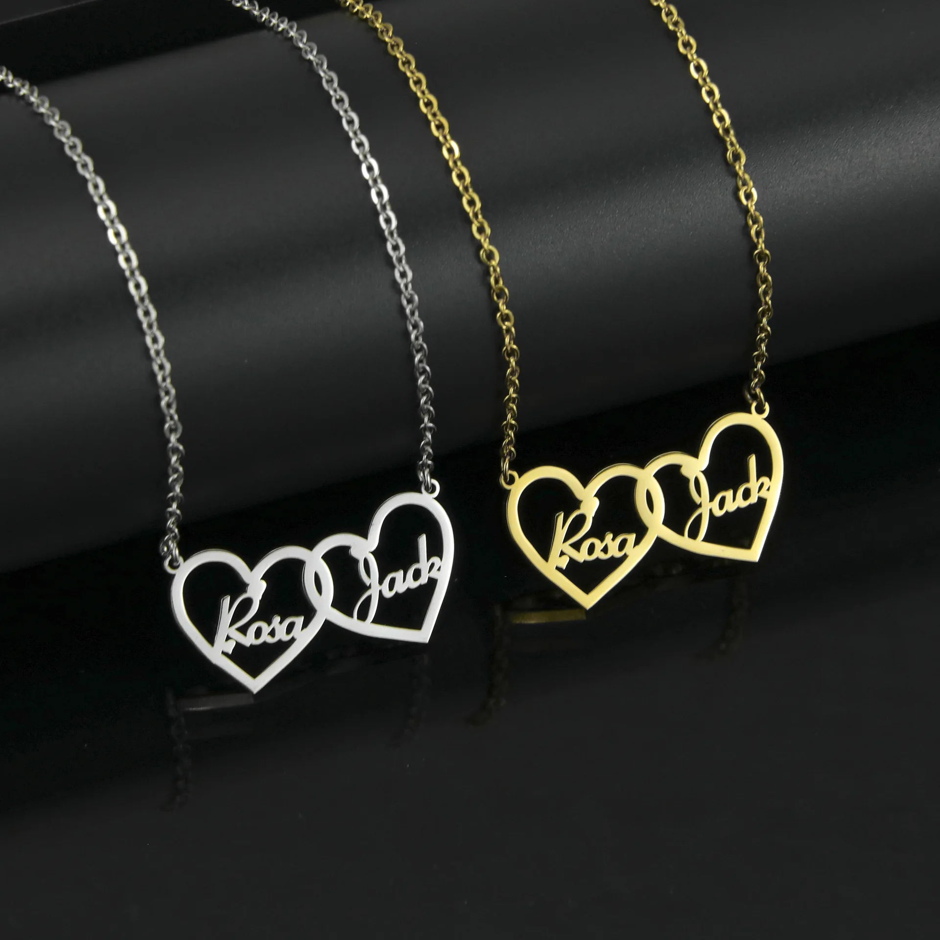 Qiuhan Stainless Steel  Name Double  Heart Shape  Personalization Two Name Necklace Couple Gift