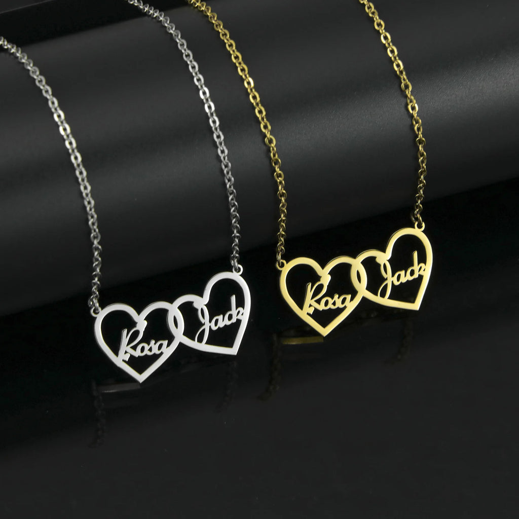Qiuhan Stainless Steel Name Double Heart Shape Personalization Two Name Necklace Couple Gift