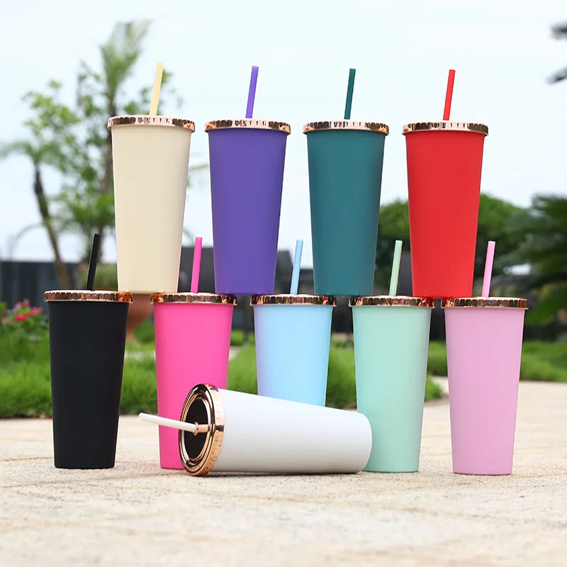 Tumblers Wholesale Bulk 24Oz Double Wall Hot and Cold Cups with Gold Lids Plastic Snow Globe Skinny Tumbler with Lid and Straw